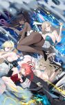  5girls akane_(blue_archive) akane_(bunny)_(blue_archive) animal_ears ass asuna_(blue_archive) asuna_(bunny)_(blue_archive) black_hair black_pantyhose blonde_hair blue_archive breasts cleavage dark-skinned_female dark_skin detached_collar fake_animal_ears fishnet_pantyhose fishnets glasses gloves gradient_hair gun hair_between_eyes hair_over_one_eye halo highres holding holding_weapon karin_(blue_archive) karin_(bunny)_(blue_archive) large_breasts long_hair looking_at_viewer medium_breasts multicolored_hair multiple_girls neru_(blue_archive) neru_(bunny)_(blue_archive) one_eye_closed pantyhose playboy_bunny purple_hair red_eyes red_hair smoke thighband_pantyhose toki_(blue_archive) toki_(bunny)_(blue_archive) weapon white_gloves xiujia_yihuizi 