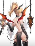  1girl absurdres ass back black_panties black_thighhighs blonde_hair breasts bridal_gauntlets demon_horns demon_tail demon_wings detached_collar detached_sleeves fate/apocrypha fate_(series) green_eyes highres horns long_hair looking_at_viewer looking_back mordred_(fate) mordred_(fate/apocrypha) panties pasties pelvic_curtain ponytail sidelocks small_breasts smile solo tail thighhighs tonee topless underwear variant_set wings 