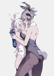  2girls after_kiss animal_ears blush breasts enshuritsu_(eureka0811) fake_animal_ears grey_hair highres horns multiple_girls original playboy_bunny saliva saliva_trail tail white_hair yuri 