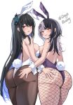 2girls :p absurdres animal_ears ass asymmetrical_docking backless_leotard black_hair black_horns black_pantyhose blue_hair blush breast_press breasts colored_inner_hair english_text fake_animal_ears fake_tail fishnet_pantyhose fishnets from_behind grey_hair hair_between_eyes hair_ornament hand_on_another&#039;s_ass haruka_ayane highres hololive hololive_english horn_flower horns large_breasts leotard long_hair looking_at_viewer looking_back medium_breasts multicolored_hair multiple_girls nerissa_ravencroft pantyhose parted_lips playboy_bunny purple_leotard rabbit_ears rabbit_tail red_eyes shiori_novella simple_background split-color_hair strapless strapless_leotard tail thong_leotard tongue tongue_out two-tone_hair very_long_hair virtual_youtuber white_background white_leotard white_wrist_cuffs wrist_cuffs yellow_eyes 