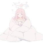  1girl =_= blue_archive blush closed_eyes collarbone commentary cup facing_viewer halo holding holding_cup kii_(kiiui) long_hair long_sleeves mika_(blue_archive) open_mouth pink_hair pink_halo simple_background sleepy solo translation_request white_background 
