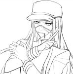  1boy bowknot_huhu danganronpa_(series) danganronpa_v3:_killing_harmony greyscale hands_up hat index_finger_raised jacket long_hair long_sleeves male_focus mask monochrome mouth_mask shinguji_korekiyo simple_background solo white_background zipper_pull_tab 