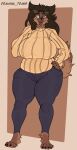  absurd_res anthro bodily_fluids bottomwear camel_toe canid canine chubby_female clothing denim denim_clothing drawing_trans emma_(drawing_trans) eyewear female glasses hi_res jeans looking_away mammal pants paws solo sweat sweater tail topwear 