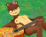  abstract_background accessory anthro autograph breasts brown_body brown_fur female flower flower_in_hair fur guitar hair hair_accessory hrisaura looking_away lying mammal musical_instrument nickelodeon on_back plant plucked_string_instrument rodent sandy_cheeks sciurid simple_eyes solo solo_focus spongebob_squarepants string_instrument text tree_squirrel 