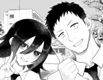  1boy 1girl building commentary_request crossover greyscale grin hair_between_eyes highres koma_neko kuroki_tomoko monochrome necktie nijisanji smile thumbs_up translation_request tree v virtual_youtuber watashi_ga_motenai_no_wa_dou_kangaetemo_omaera_ga_warui! yashiro_kizuku 