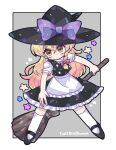  1girl black_footwear black_headwear black_skirt black_vest blonde_hair blush bow broom full_body hair_between_eyes harunori_(hrnrx) hat hat_bow highres holding holding_broom kirisame_marisa long_hair petticoat purple_bow shirt shoes short_sleeves skirt socks solo touhou twitter_username vest white_shirt white_socks witch_hat yellow_eyes 