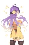  ! 1girl absurdres belt dress from_behind highres jumpsuit long_hair looking_back namiorii purple_hair smile smug strapless strapless_dress thighhighs vividly_vivi yellow_jumpsuit zettai_ryouiki 