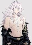  1boy abs armor bare_pectorals body_markings cowboy_shot dark-skinned_male dark_skin expressionless fate/grand_order fate_(series) glowing green_eyes head_tilt highres ito_(pixiv) jacket long_hair looking_at_viewer male_focus muscular muscular_male navel no_nipples open_clothes open_jacket pants pectorals siegfried_(fate) solo white_hair 