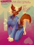 anthro breasts brown_body canid canine canis clothed clothing comic english_text female grimart kneeling looking_at_viewer mammal moxy_(grimart) solo text yellow_body 