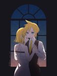  1boy 1girl adolescence_(vocaloid) ahoge bare_shoulders black_jacket black_pants brother_and_sister camisole closed_eyes dress dusk haru_no_no head_on_another&#039;s_shoulder highres interlocked_fingers jacket kagamine_len kagamine_rin looking_at_viewer necktie night night_sky pants serious short_ponytail siblings sky sleeveless_blazer spaghetti_strap star_(sky) starry_sky twins twitter_username vocaloid white_camisole white_dress window yellow_necktie 