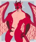  abs absurd_res animal_genitalia anthro balls bedroom_eyes biceps claws dragon entropy_(billeur) fur genitals hi_res holding_sheath horn impatient looking_at_viewer male membrane_(anatomy) membranous_wings muscular muscular_anthro muscular_male narrowed_eyes nude one_(artist) pecs red_body red_fur red_scales scales scalie seductive sheath simple_background smoke solo tail western_dragon wings 