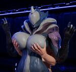  3d_(artwork) android big_breasts breast_grab breast_play breasts digital_media_(artwork) duo featureless_breasts featureless_face female fiishdude grabbing_from_behind hand_on_breast hi_res holding_breast horn human humanoid interspecies machine male male/female mammal robot saryn_(warframe) skindentation small_waist warframe wide_hips 