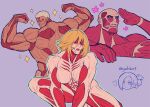  2boys 2girls annie_leonhardt armored_titan back blonde_hair blue_eyes breasts colossal_titan doodle_inset double_biceps_pose exposed_muscle feet_out_of_frame female_titan flexing from_behind hands_up happy_aura large_breasts looking_ahead male_focus multiple_boys multiple_girls shingeki_no_kyojin short_hair simple_background sparkling_aura squatting thick_eyebrows titan_(shingeki_no_kyojin) youkan_(tako) 