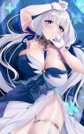 arm_up armpits azur_lane between_breasts blue_eyes blush breasts closed_mouth cowboy_shot dress elbow_gloves gloves grey_hair hand_up highres illustrious_(azur_lane) large_breasts long_hair looking_at_viewer mole mole_under_eye smile solo thigh_gap thighlet thighs twintails wee_(weeyy) white_gloves 