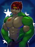  big_muscles big_pecs brown_hair bulge chesnaught chest_tuft clothing generation_6_pokemon genitals green_body green_skin hair looking_at_viewer male marcelo_solava muscular nintendo pecs penis pokemon pokemon_(species) poking_out shield short solo star tattoo tongue tongue_out tuft undressing undressing_self 