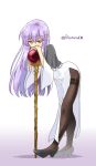  1girl circlet covering_mouth dress fire_emblem fire_emblem:_genealogy_of_the_holy_war high_heels julia_(fire_emblem) legs long_hair pantyhose purple_eyes purple_hair simple_background solo staff yukia_(firstaid0) 