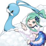  1girl ;d altaria arm_warmers blue_collar collar commentary_request earrings eyelashes green_eyes green_hair hair_ornament hairpin hand_up highres jewelry lisia_(pokemon) long_hair one_eye_closed open_mouth pleated_skirt pokemon pokemon_(creature) pokemon_(game) pokemon_oras ror_(meisakutaro) sidelocks simple_background skirt smile thighhighs tongue white_background 