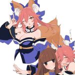  2girls absurdres animal_ear_fluff animal_ears arm_at_side bare_shoulders black_sash blue_bow blue_bowtie blue_kimono blunt_bangs blush bow bowtie breasts brown_eyes brown_hair cleavage closed_eyes detached_sleeves dot_nose expressionless fang fate/extra fate_(series) fox_ears fox_girl fox_shadow_puppet fox_tail hair_between_eyes hair_bow hand_up heart highres japanese_clothes kaigan0211 kimono kishinami_hakuno_(female) long_sleeves looking_at_viewer medium_breasts medium_hair multiple_girls multiple_views obi one_eye_closed open_mouth orange_eyes outstretched_arm pink_hair sash simple_background skin_fang split_ponytail spoken_heart tail tamamo_(fate) tamamo_no_mae_(fate/extra) tsukumihara_academy_uniform_(fate/extra) white_background wide_sleeves 