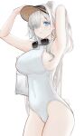  1girl absurdres animal_ears arknights armpits arms_up aurora_(arknights) bare_arms bare_shoulders bear_ears bear_tail blue_eyes breasts commentary_request covered_navel cowboy_shot eyewear_around_neck highres large_breasts long_hair looking_at_viewer nopetroto one-piece_swimsuit simple_background smile solo standing sunglasses swimsuit tail thighs very_long_hair visor_cap white_background white_hair white_one-piece_swimsuit 