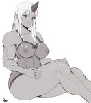  abs absurdres blonde_hair covered_nipples dark-skinned_female dark_skin highres horns long_hair looking_at_viewer monster_girl monster_musume_no_iru_nichijou muscular muscular_female nightgown nipples ogre oni see-through signature simple_background single_horn speedl00ver tall tall_female thick_thighs thighs tionishia white_background 