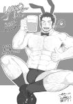  1boy ^_^ abs absurdres alcohol animal_ears arm_hair bara beard beard_stubble beer beer_mug bow bowtie bulge chest_hair closed_eyes cup detached_collar drunk facial_hair greyscale hairy heart highres large_pectorals leg_hair male_focus male_playboy_bunny mature_male monochrome mug muscular muscular_male mustache_stubble navel navel_hair niichi_(niichi21) nipples pectorals rabbit_ears shoes short_hair socks solo spoken_heart thick_thighs thighs thumbs_up topless_male translation_request wrist_cuffs yarofes:2023 