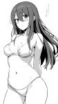  1girl absurdres bikini blush breasts closed_mouth collarbone commentary_request greyscale hair_between_eyes highres idolmaster idolmaster_shiny_colors long_hair looking_at_viewer medium_breasts monochrome navel osaki_tenka ossou_rocket simple_background solo swimsuit translation_request white_background 