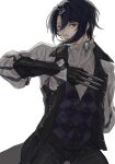  1boy alcryst_(fire_emblem) alternate_costume ascot black_gloves blue_hair checkered_clothes closed_mouth fire_emblem fire_emblem_engage gauntlets gloves hair_between_eyes hair_ornament hairclip highres long_sleeves looking_at_viewer male_focus ramuniku_ooo red_eyes short_hair solo waistcoat weapon white_ascot white_background 