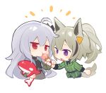  2girls :o ahoge alternate_costume animal_ears arknights black_shirt blue_jacket chibi cropped_torso feeding grani_(arknights) grani_(miraculous_moment)_(arknights) green_jacket grey_hair grey_skirt hair_between_eyes highres holding holding_stuffed_toy horse_ears ice_cream_cone jacket jitome light_brown_hair long_hair multicolored_hair multiple_girls necktie niko_(nikooo2016) official_alternate_costume open_mouth ponytail purple_eyes red_eyes shirt simple_background skadi_(arknights) skadi_(the_next_afternoon_tea)_(arknights) skirt streaked_hair striped_necktie stuffed_orca stuffed_toy triangle_hair_ornament white_background yellow_necktie 