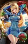  1girl adapted_costume arms_behind_head arms_up blonde_hair blue_dress blue_eyes blush bodysuit breasts commentary covered_navel dress floating_hair foxyreine gun headwear_removed helmet helmet_removed highres indoors large_breasts long_hair long_sleeves looking_at_viewer metroid metroid_(creature) mole mole_under_mouth parted_lips patreon_logo patreon_username ponytail samus_aran signature skin_tight solo space thighs v-shaped_eyebrows weapon window 