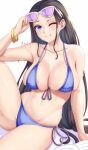  1girl anisdrawn arm_support arm_up bare_shoulders bikini black_hair blue_bikini blue_eyes bracelet breasts collarbone eyewear_on_head gold_bracelet highres jewelry large_breasts looking_at_viewer navel nico_robin one_eye_closed one_piece purple-tinted_eyewear simple_background sitting skindentation smile solo stomach strap_gap sunglasses swimsuit tinted_eyewear wet white_background 