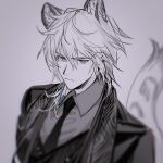  1boy animal_ear_fluff animal_ears arknights black_coat black_necktie black_vest closed_mouth coat collared_shirt earrings grey_shirt jewelry leopard_ears leopard_tail looking_at_viewer male_focus necktie pienahenggou shirt silverash_(arknights) silverash_(york&#039;s_bise)_(arknights) solo tail upper_body vest white_hair 