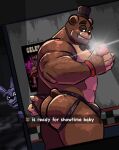  anthro bear beetleartz bonnie_(fnaf) bow_tie brown_body bulge clothing duo five_nights_at_freddy&#039;s freddy_(fnaf) genitals hi_res lagomorph leporid machine male male/male mammal muscular muscular_anthro muscular_male pecs phone rabbit robot scottgames smile solo_focus text underwear ursine 