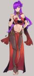  1girl absurdres alternate_costume anklet bare_shoulders black_pantyhose breasts cleavage commentary cosplay dancer fire_emblem fire_emblem:_three_houses fire_emblem_heroes fire_emblem_warriors:_three_hopes full_body grey_background hair_over_one_eye harem_outfit highres jewelry large_breasts lene_(fire_emblem) lene_(fire_emblem)_(cosplay) long_hair looking_at_viewer midriff navel neck_ring one_side_up pantyhose pelvic_curtain purple_eyes purple_hair sakuremi shez_(female)_(fire_emblem) shez_(fire_emblem) simple_background smile solo standing stomach thighs very_long_hair 