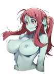  1girl absurdres blue_skin blush bow breasts clenched_teeth colored_nipples colored_skin commentary_request cropped_torso flying_sweatdrops frown highres large_breasts long_hair minamoto_sakura navel nipples nude polka_dot polka_dot_bow red_eyes red_hair scar scar_on_face scar_on_forehead solo sweatdrop teeth twinpoo upper_body variant_set wavy_mouth zombie zombie_land_saga 