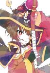  1girl :p black_cape black_gloves blush brown_hair cape collarbone fingerless_gloves gloves hat holding holding_staff ixy kono_subarashii_sekai_ni_shukufuku_wo! long_sleeves looking_at_viewer megumin red_eyes red_shirt shirt short_hair_with_long_locks simple_background solo staff tongue tongue_out upper_body white_background witch_hat 