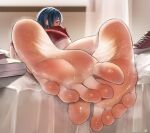  1girl absurdres barefoot blue_hair commentary commission english_commentary eyelashes feet foot_focus foreshortening gym_uniform highres hitomi-chan_wa_hitomishiri indoors looking_at_viewer looking_back lying nikishiko on_stomach parted_bangs pixiv_commission red_footwear red_shirt red_shorts shirt shoes short_hair shorts signature smell sneakers soles solo steaming_body sweat sweatdrop takano_hitomi toes unworn_shoes 
