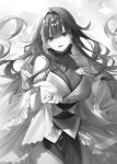  breasts greyscale hand_on_own_chest large_breasts monochrome official_art roselia_ishtaris seiken_gakuin_no_maken_tsukai 