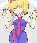  1girl alice_margatroid between_breasts blonde_hair blue_dress breasts capelet cigarette collared_capelet commentary_request cookie_(touhou) cowboy_shot dress frilled_hairband frills grey_background hair_between_eyes hair_over_eyes hairband holding holding_cigarette hospital_king jigen_(cookie) long_bangs medium_breasts medium_hair necktie necktie_between_breasts red_hairband red_necktie red_sash sash simple_background smoke touhou white_capelet 