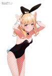  1girl absurdres animal_ears black_leotard blonde_hair breasts buta_no_liver_wa_kanetsu_shiro cleavage detached_collar earrings fake_animal_ears fishnet_pantyhose fishnets highres jess_(buta_no_liver_wa_kanetsu_shiro) jewelry leotard looking_at_viewer magazine_scan megami_magazine official_art pantyhose rabbit_ears rabbit_tail scan sideboob simple_background small_breasts tail thighs white_background wrist_cuffs 