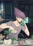  1boy alternate_costume can collarbone curtains danganronpa_(series) danganronpa_v3:_killing_harmony drinking highres holding holding_can indoors male_focus momota_kaito monitor nasa pink_eyes pink_hair pink_shirt plant potted_plant shachoo_(poco_poco) shirt short_hair short_sleeves towel upper_body 