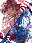 2girls animal_on_shoulder blue_skin breasts cherry_blossoms colored_skin dual_persona durga_(fate) earrings fate/grand_order fate_(series) gilozy_king_2d grey_hair hair_ribbon highres jewelry kali_(fate) large_breasts multiple_girls open_mouth parted_lips petals red_eyes ribbon smile snake tongue tongue_out twitter_username 