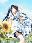  1girl a20_(atsumaru) black_hair blue_sky breasts copyright_request detached_sleeves dress field flower flower_field halter_dress halterneck highres long_hair looking_at_viewer medium_breasts parted_lips petals purple_eyes shading_eyes sky solo standing sunflower thighs very_long_hair white_dress 