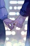  1boy 1girl absurdres aketa_mikoto bl-a-ck blue_coat blurry bokeh coat depth_of_field fingernails grey_jacket hand_focus hetero highres idolmaster idolmaster_shiny_colors jacket long_sleeves nail_polish padded_jacket pinky_swear producer_(idolmaster) 