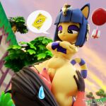  3d_(artwork) absurd_res animal_crossing ankha_(animal_crossing) anthro balloon blender_(software) bodily_fluids breasts canid canine canis cherry_(animal_crossing) covering covering_breasts crossed_arms cunnilingus digital_media_(artwork) domestic_cat domestic_dog duo felid feline felis female female/female genitals gift hands_on_hips hi_res inflatable mammal nintendo nude oral outdoor_sex outside pussy sex sweat sweatdrop tahlian thick_thighs vaginal wide_hips 