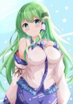  1girl blue_background blue_eyes blue_skirt blush breasts closed_mouth collared_shirt commentary_request detached_sleeves dress_shirt frilled_sleeves frills frog_hair_ornament green_hair hair_between_eyes hair_ornament hand_up highres kochiya_sanae long_hair long_sleeves looking_at_viewer medium_breasts shirt skirt sleeveless sleeveless_shirt sleeves_past_wrists smile snake_hair_ornament solo touhou very_long_hair white_shirt xenon_(for_achieve) 