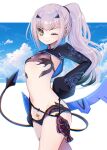  1girl bikini black_bikini breasts fate/grand_order fate_(series) forked_eyebrows high_ponytail highres long_hair long_sleeves looking_at_viewer melusine_(fate) melusine_(swimsuit_ruler)_(fate) navel one_eye_closed sidelocks small_breasts smile solo swimsuit tail thighlet white_hair yamuimo yellow_eyes 