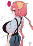  ... 1girl absurdres apron artist_name ass black_apron blue_pants breasts commentary criss-cross_back-straps curvy dragon_girl dragon_horns from_behind gradient_hair highres horns huge_breasts ilulu_(maidragon) kobayashi-san_chi_no_maidragon long_hair looking_at_viewer low_twintails multicolored_hair norman_maggot pants pink_hair red_eyes red_hair shirt shortstack sideways_glance simple_background slit_pupils solo spoken_ellipsis standing twintails two-tone_hair very_long_hair white_background white_shirt 