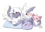  2022 bell digital_media_(artwork) feral fur hi_res kinozel looking_at_viewer mega_absol mega_evolution nintendo pillow plushie pokemon pokemon_(species) signature simple_background smile solo white_background white_body white_fur 