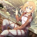  1girl absurdres blonde_hair blue_eyes brown_jacket character_name christa_renz closed_mouth cloud collared_shirt dress_shirt dutch_angle grey_pants hair_between_eyes highres jacket long_hair long_sleeves open_clothes open_jacket pants paradis_military_uniform peace7322 shingeki_no_kyojin shirt signature sitting smile solo straight_hair three-dimensional_maneuver_gear white_shirt wing_collar 