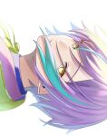 1boy absurdres aqua_hair closed_mouth commentary highres kamishiro_rui male_focus multicolored_hair neck_ribbon portrait project_sekai purple_hair ribbon short_hair sideways simple_background solo streaked_hair white_background yellow_eyes yellow_ribbon yk62 